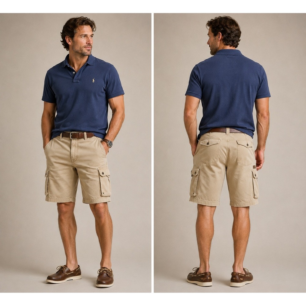 Ralph Lauren Polo Shorts 33 Khaki Cargo Utility Military Workwear Distressed